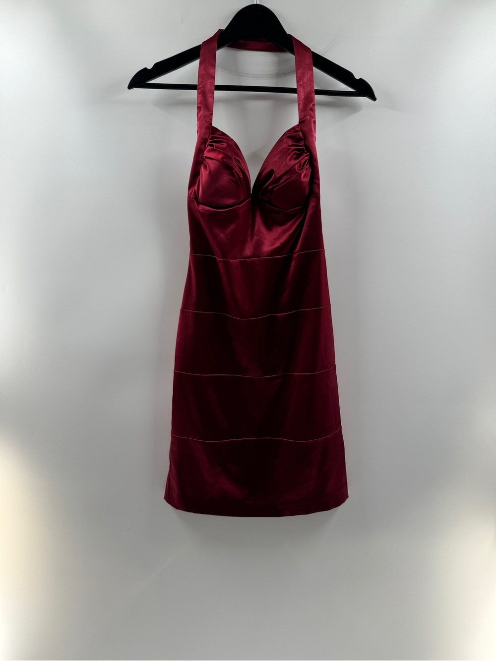 Windsor Burgundy Satin Halter Bodycon Mini Dress Women’s 3/4 Y2K Going Out